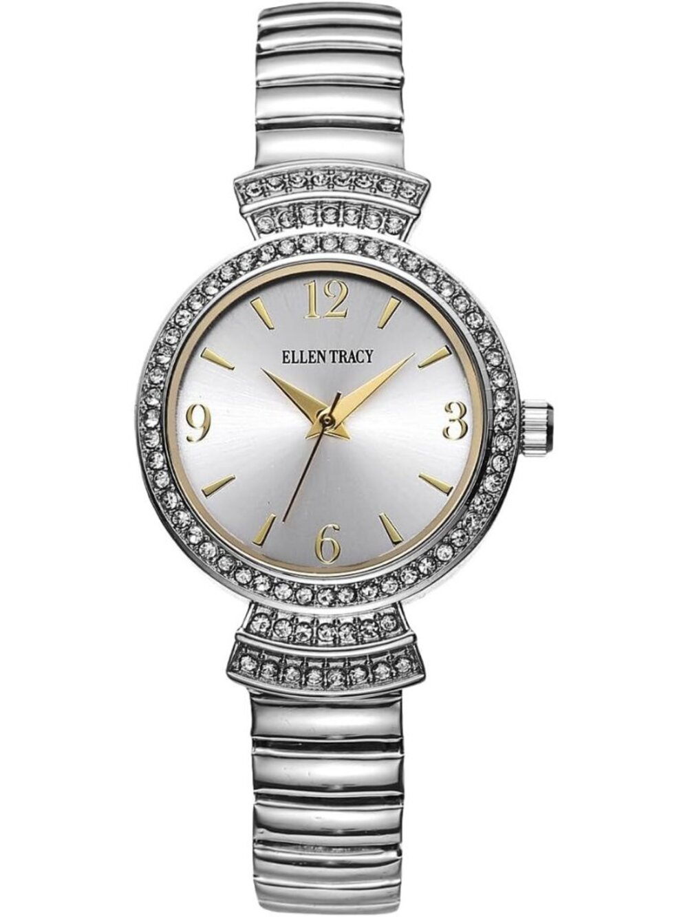 Women's Silver Round Silver Tone Crystal Accents Expansion Band Wrist Watches
